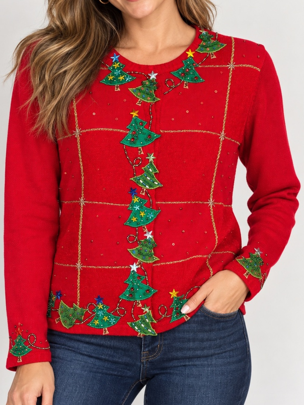 Vintage Jack B Quick Christmas Tree Beaded Sequin Sweater Red Medium